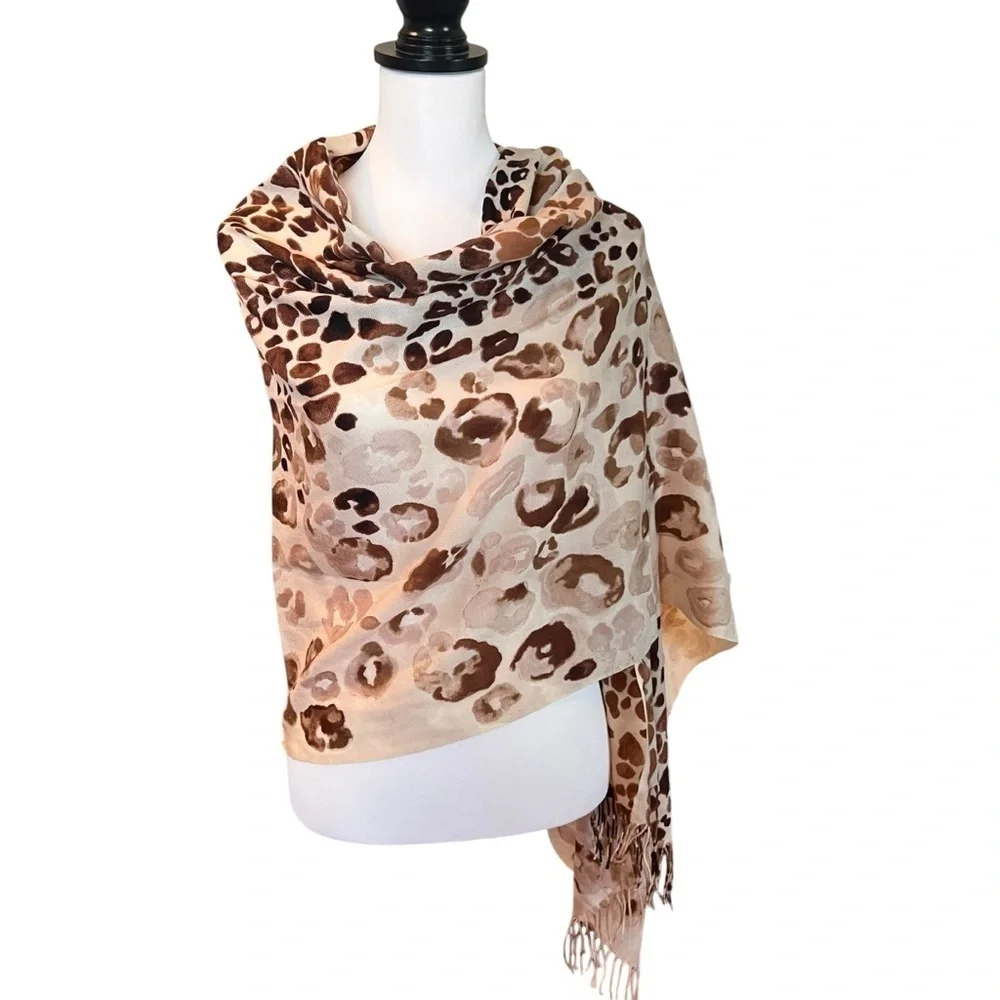 Leopard Print Fringe Scarf Wrap Shawl Neutral Tan Brown Animal Print